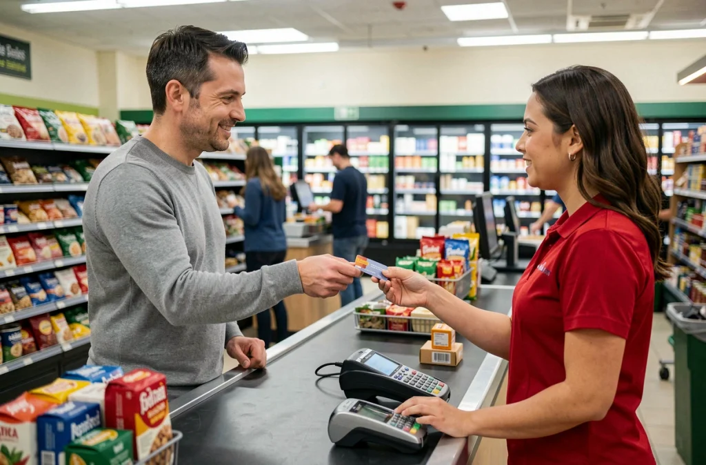 Homme remettant une carte cadeau à une caissière lors d'un achat en supermarché