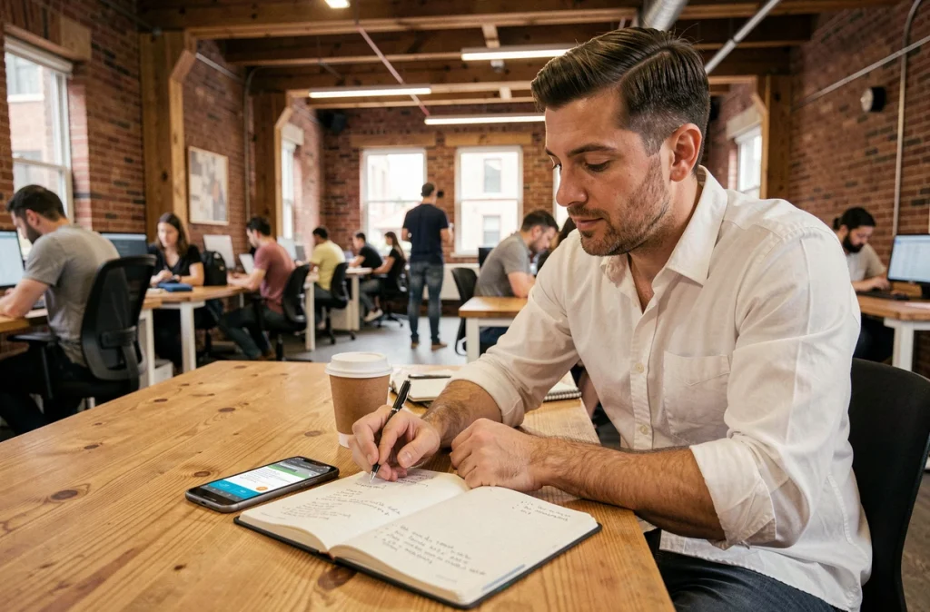 Travailleur indépendant comparant les avis sur OLINDA Banque Pro avec son smartphone et ses notes manuscrites dans un espace de coworking