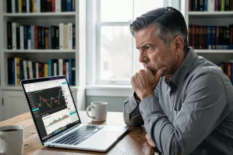 Investisseur particulier analysant les discussions du forum Boursorama sur l'action ORA devant son ordinateur portable