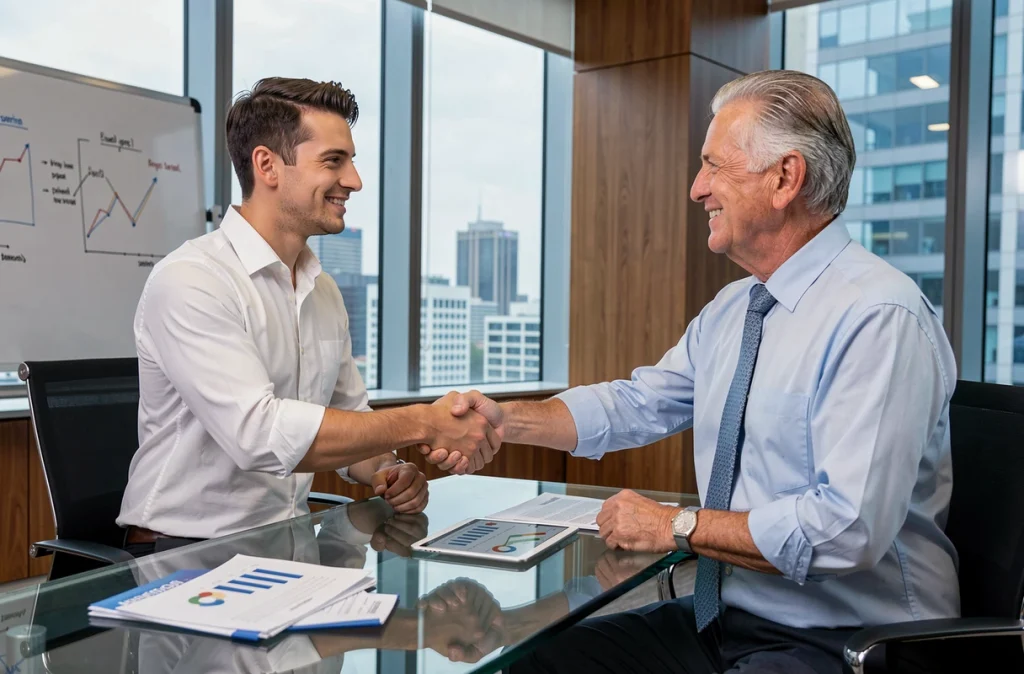 Jeune entrepreneur signant un accord d'affacturage avec un conseiller financier en salle de réunion