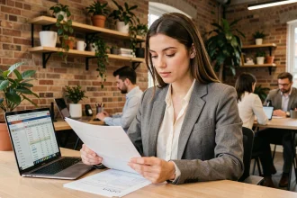 Jeune entrepreneuse analysant des documents d'affacturage dans un espace de coworking moderne