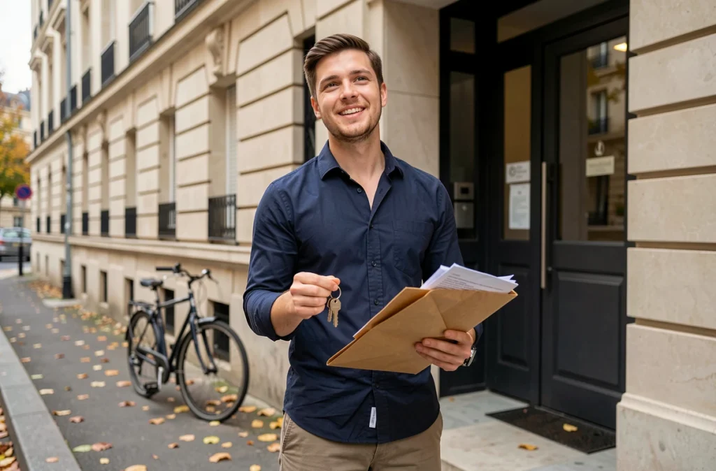 Jeune homme tenant des clés et des documents de location devant l'entrée de son premier appartement en ville