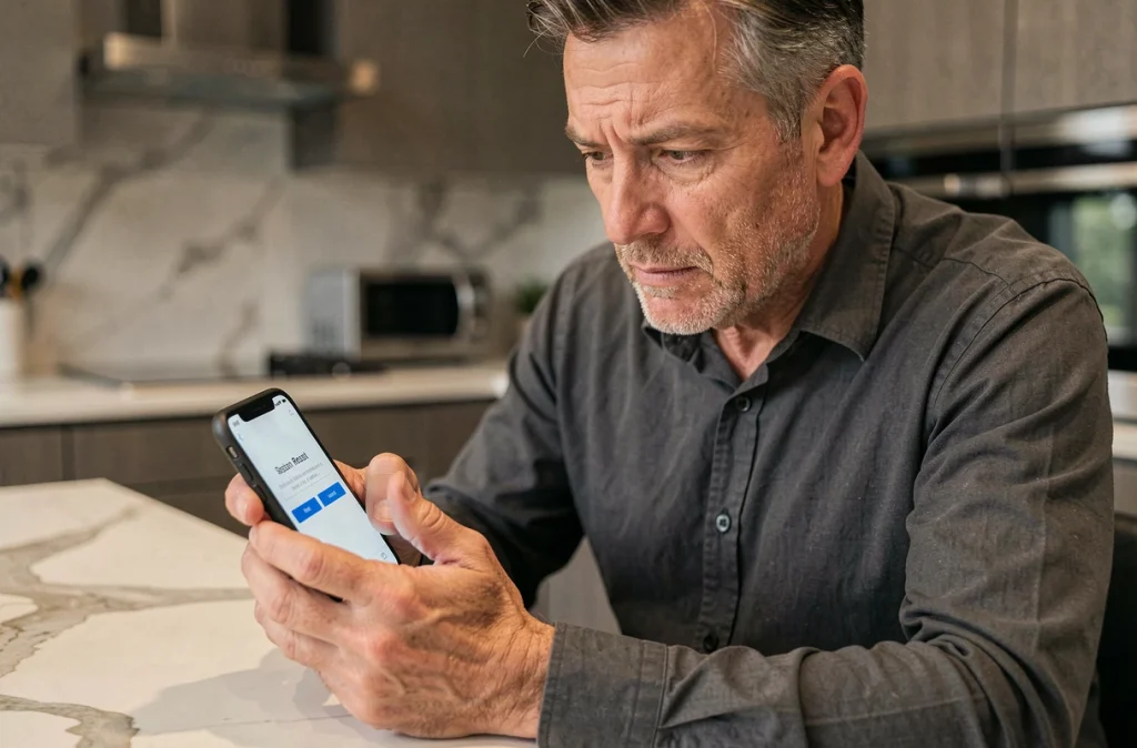 Homme consultant son smartphone pour récupérer un mot de passe oublié de son compte bancaire LCL