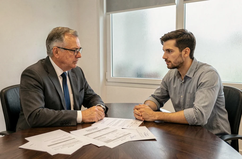 Notaire expliquant les obligations financières de la copropriété à un nouveau propriétaire lors d'une réunion