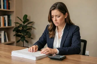 Nouvelle propriétaire en copropriété analysant ses obligations financières et documents de charges à son bureau