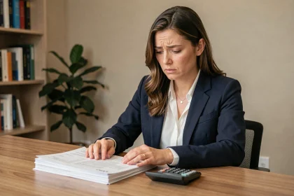 Nouvelle propriétaire en copropriété analysant ses obligations financières et documents de charges à son bureau