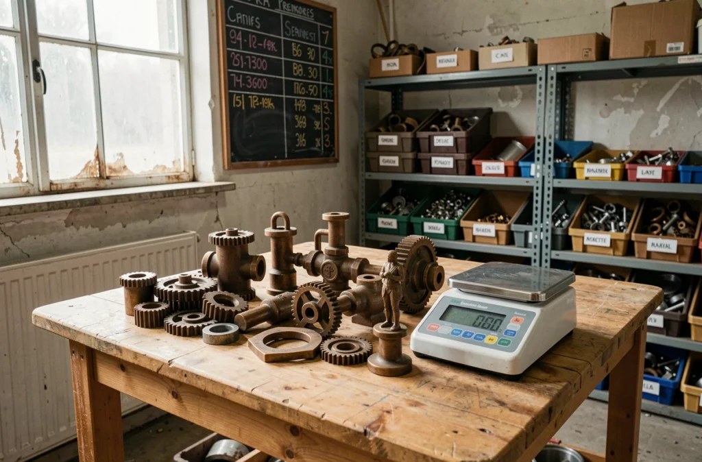 Pièces en bronze disposées sur une balance numérique dans une boutique de recyclage de métaux avec tableau de prix au fond