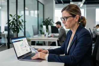 Professionnelle en blazer marine analysant les avis utilisateurs d'OLINDA Banque sur un ordinateur portable dans un bureau moderne