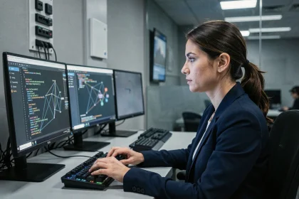 Professionnelle de la cybersécurité travaillant sur des moniteurs affichant du code dans un centre opérationnel de sécurité informatique en entreprise