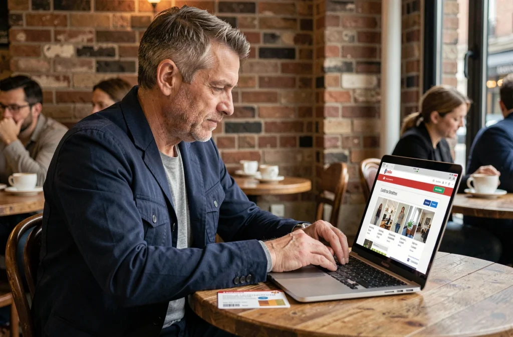 Homme recherchant les boutiques acceptant les enseignes Kadéos Infini sur un ordinateur portable