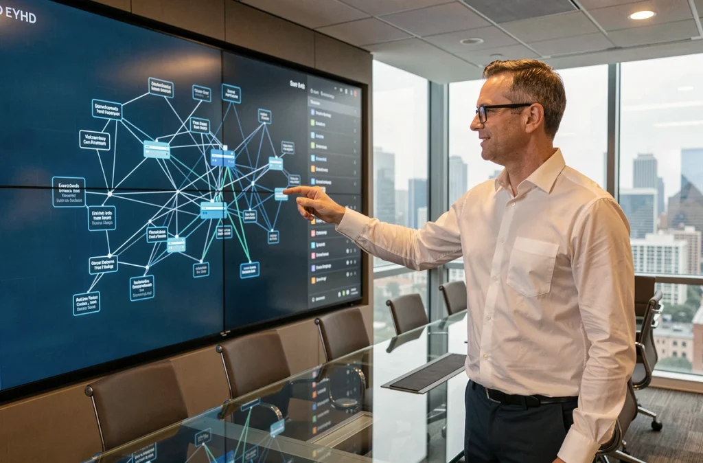 Responsable informatique analysant une carte réseau en temps réel sur un écran interactif dans une salle de conférence d'entreprise