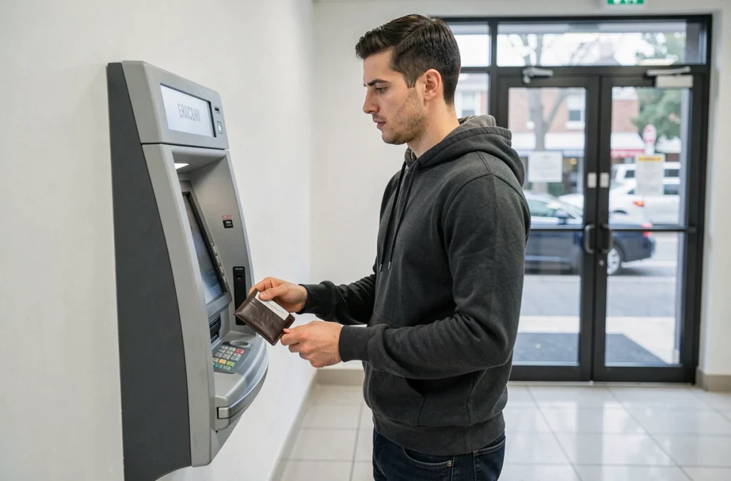 Homme vigilant effectuant un retrait à un distributeur automatique à l'intérieur d'une banque