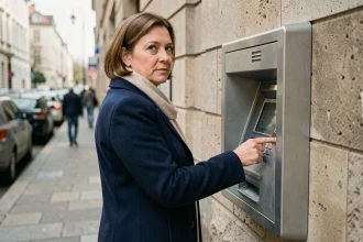 Femme couvrant le clavier d'un distributeur automatique pour un retrait sécurisé en ville