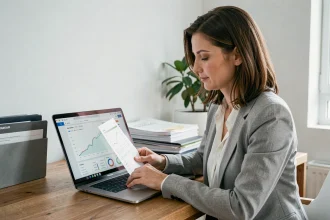 Femme consultant son crédit immobilier en ligne sur un ordinateur portable dans un bureau à domicile