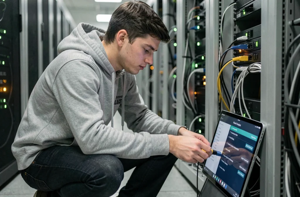 Technicien informatique installant des câbles réseau dans une salle de serveurs sécurisée lors d'un audit de cybersécurité
