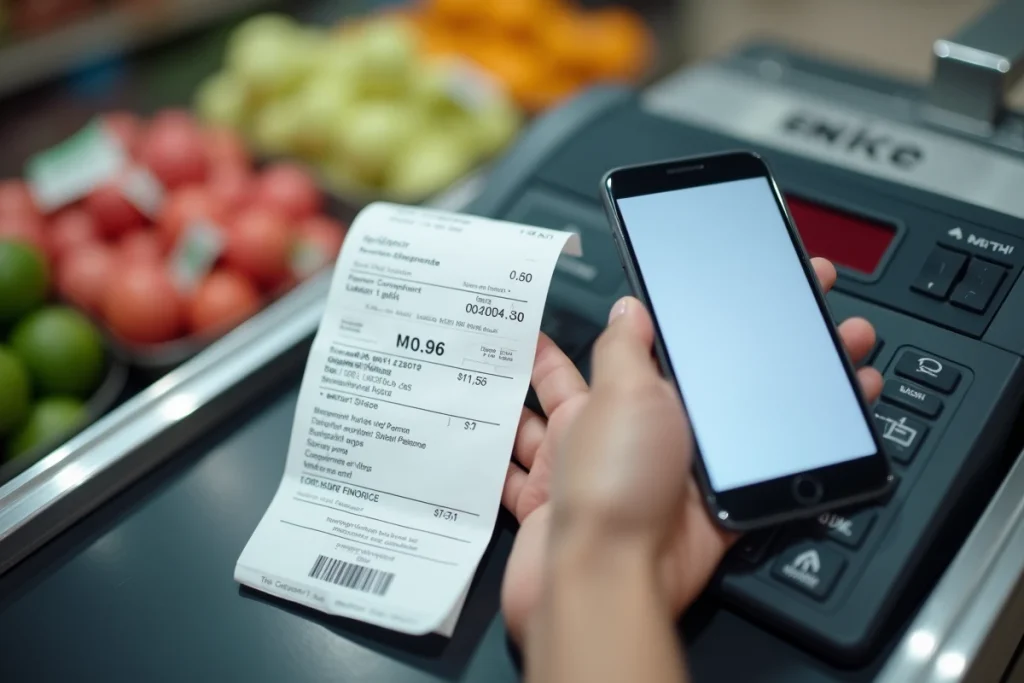 Ticket de caisse Carrefour papier comparé à la facture numérique affichée sur smartphone