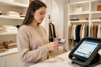 Femme tenant une carte cadeau Kadéos devant un terminal de paiement en boutique