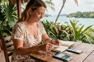 Voyageuse examinant des francs pacifiques et un convertisseur de devises sur son téléphone lors d'un voyage en Polynésie