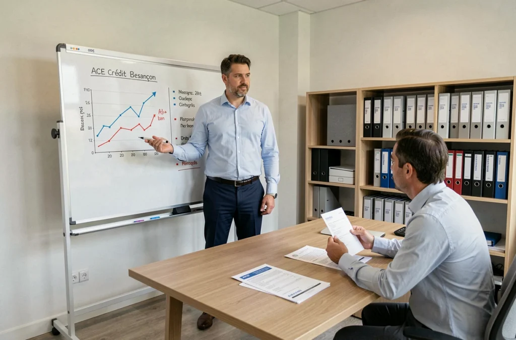 Courtier ACE Crédit Besançon debout devant un tableau de taux immobiliers lors d'une consultation client