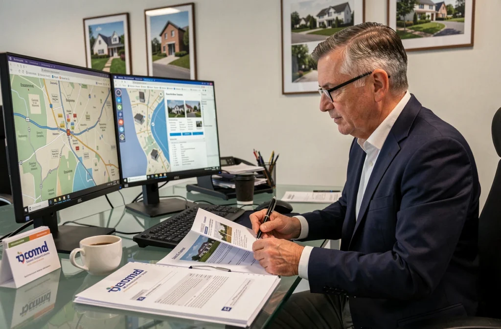 Conseiller immobilier d'Agence Centrale analysant des dossiers de biens dans un bureau moderne en Essonne