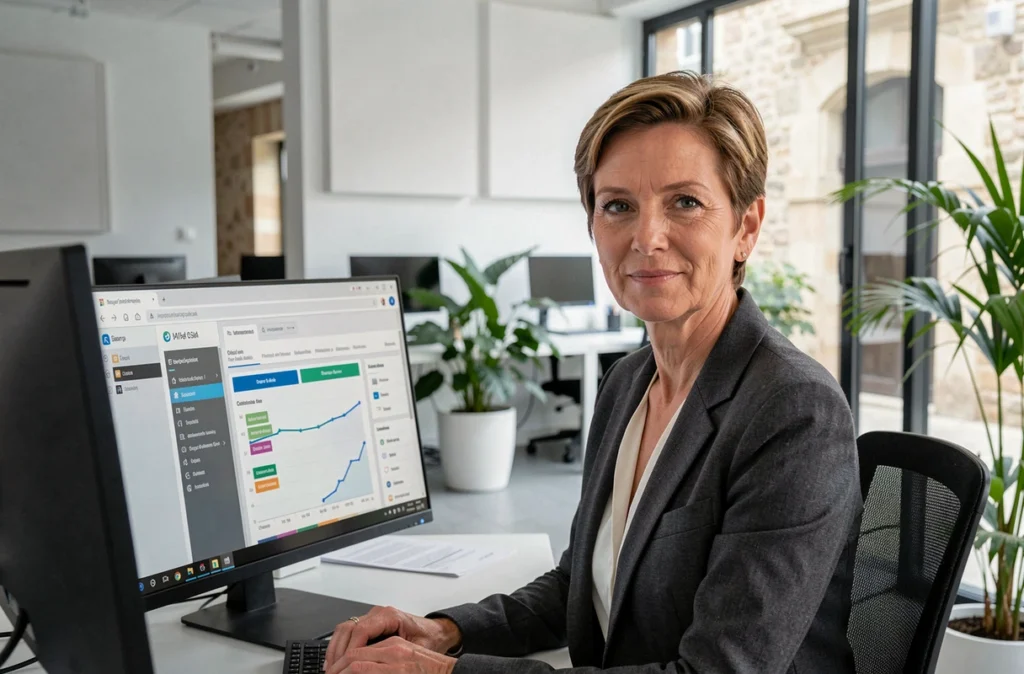 Experte en assurance Albo à Caen analysant des tableaux comparatifs d'assurance sur un grand écran de bureau