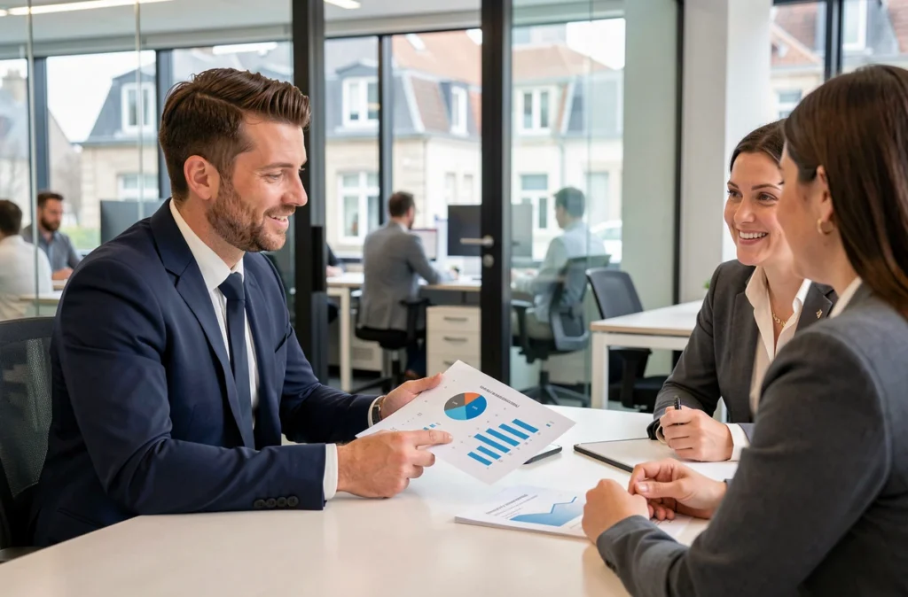 Conseiller d'Anathis Patrimoine présentant une stratégie de gestion patrimoniale à un couple de clients dans un bureau moderne à Angers