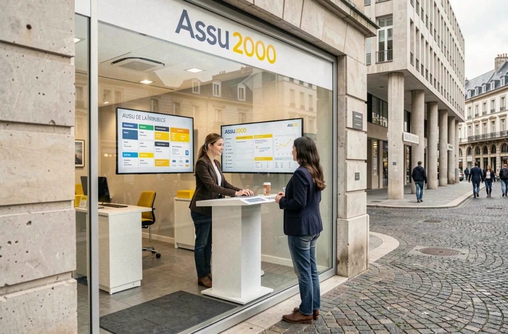 Conseillère Assu 2000 Le Havre République présentant des options multirisque à un client dans l'agence place de la République