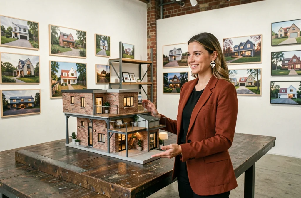 Conseillère Atypique Immobilier présentant un modèle architectural de bien atypique dans un showroom créatif