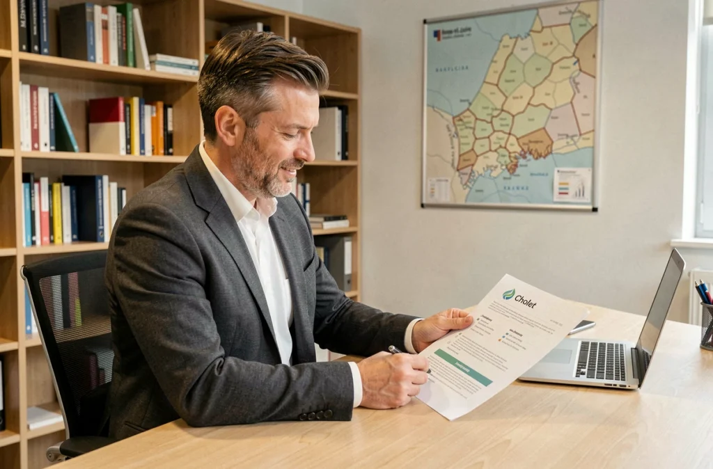 Conseiller d'Axe Conseils Patrimoine analysant un plan de gestion patrimoniale dans un bureau professionnel à Cholet