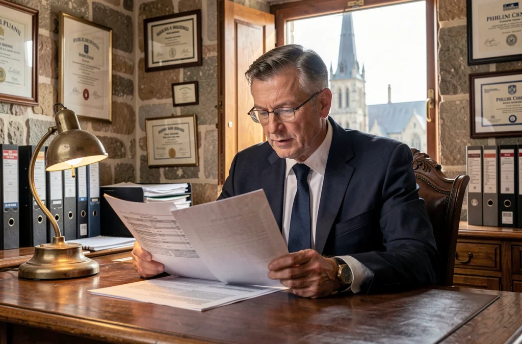 Belliard Philippe, courtier en assurance à Rouen, consultant des documents dans un bureau classique avec vue sur la cathédrale