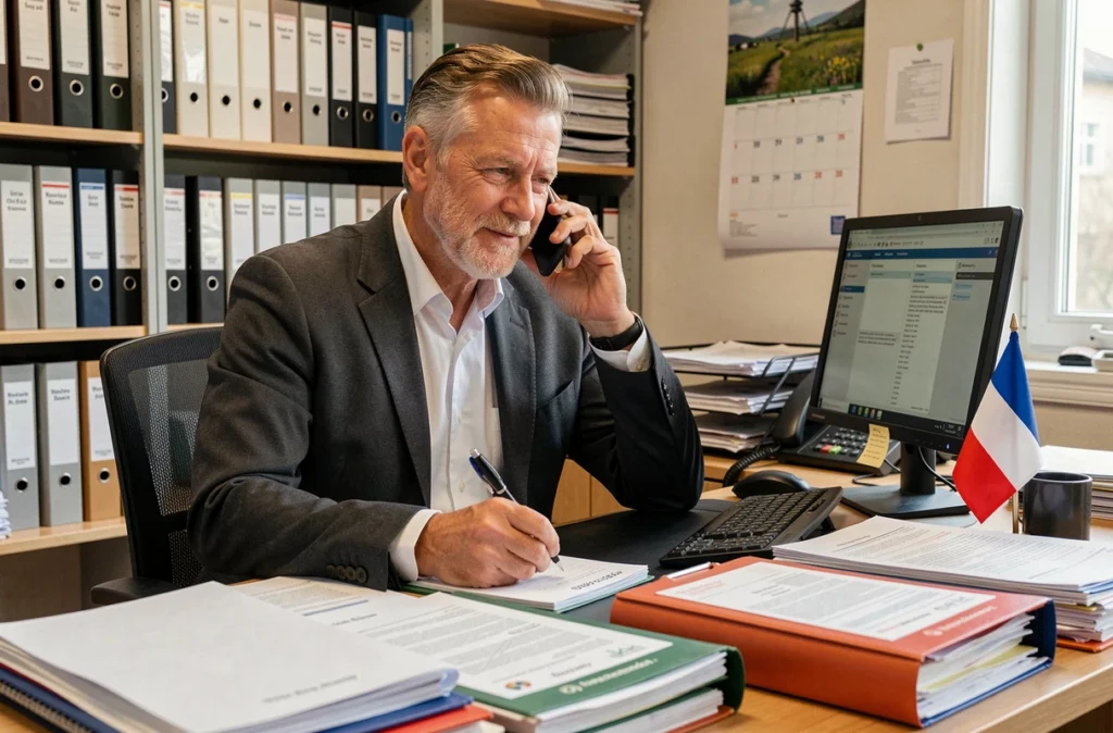Daniel Boucher, courtier en assurance à Rouen, au téléphone dans son bureau entouré de dossiers clients