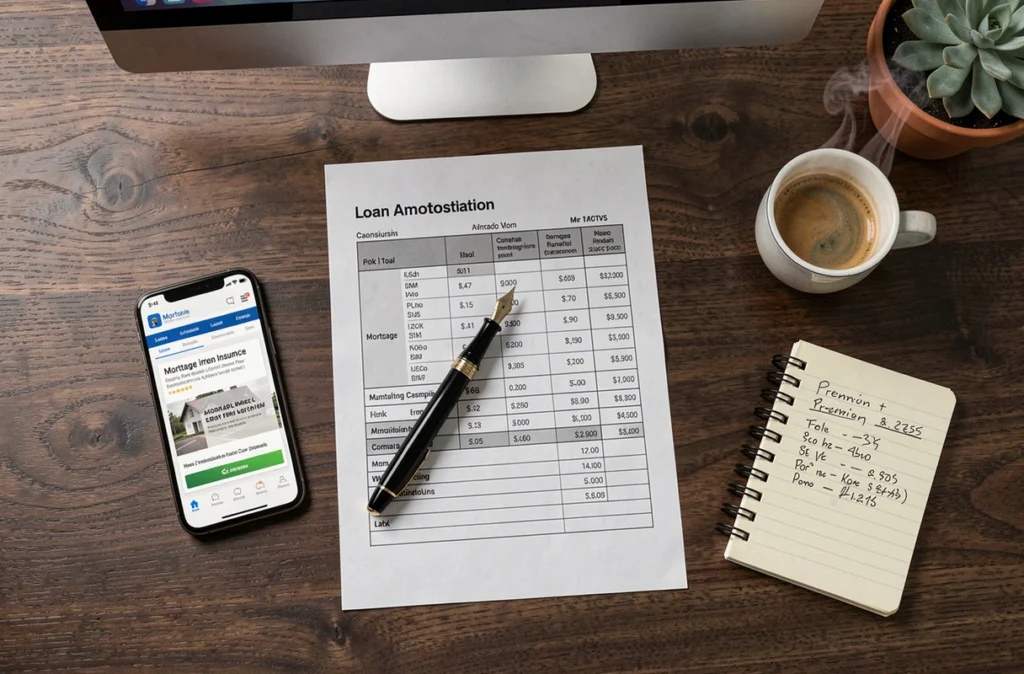 Vue aérienne d'un bureau avec documents d'assurance emprunteur, stylo, smartphone et calculs de prêt immobilier