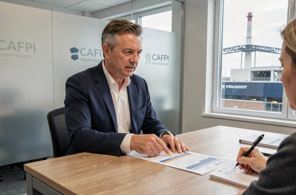 Conseiller CAFPI Montbéliard présentant une simulation de prêt immobilier à un client dans l'agence