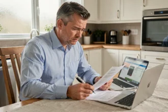Homme calculant son assurance emprunteur à la table de sa cuisine avec des documents de crédit et un ordinateur portable
