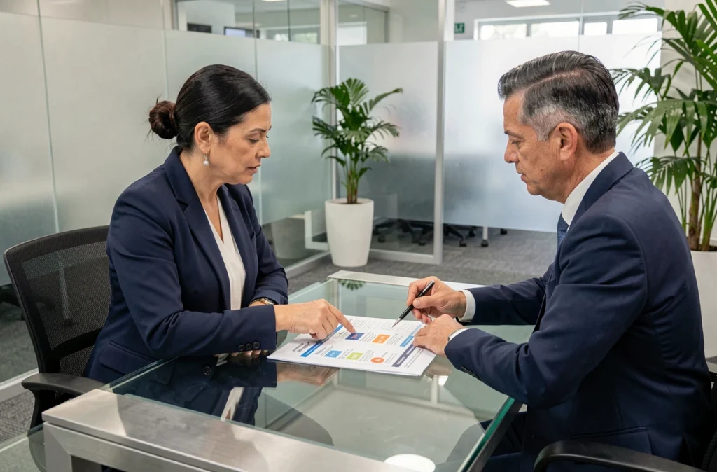 Femme discutant des garanties d'assurance emprunteur avec un conseiller bancaire dans une agence moderne