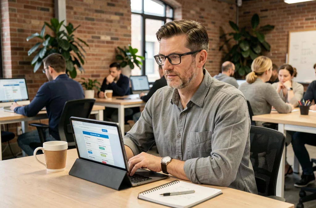 Entrepreneur consultant une offre d'assurance professionnelle en ligne sur tablette dans un espace de coworking