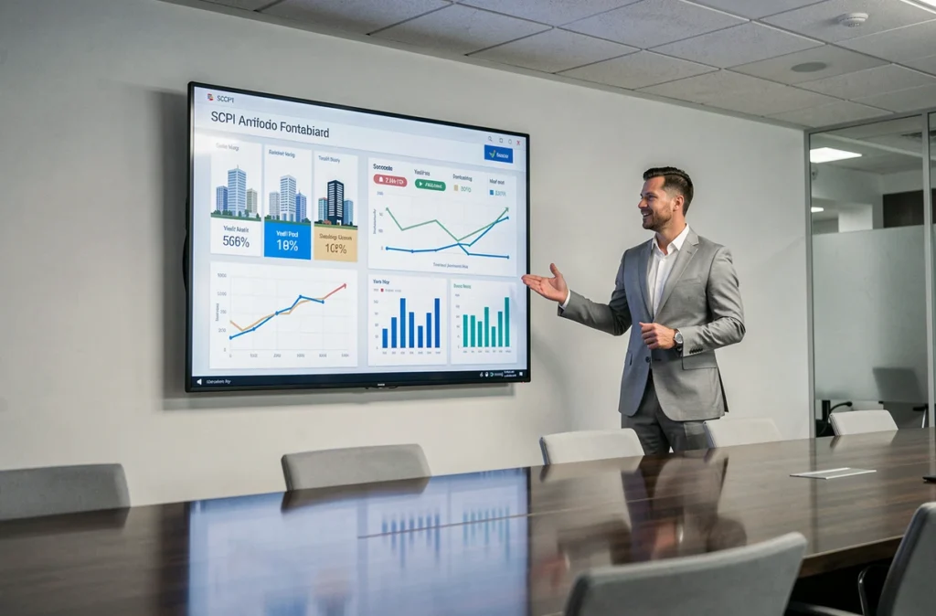 Conseiller financier présentant un tableau de bord de portefeuille SCPI sur grand écran en salle de conférence