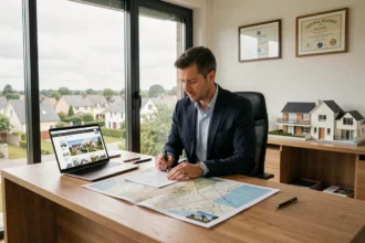 Conseiller en investissement locatif en Essonne analysant des documents immobiliers dans un bureau moderne