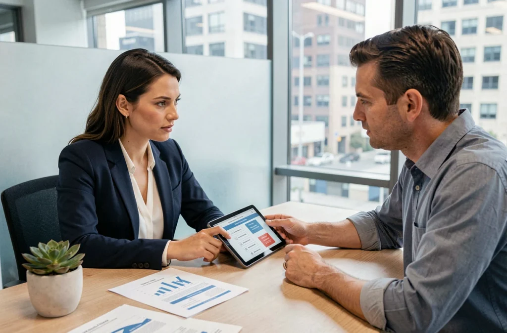 Conseillère en assurance présentant des comparatifs d'assurance de prêt immobilier à un client