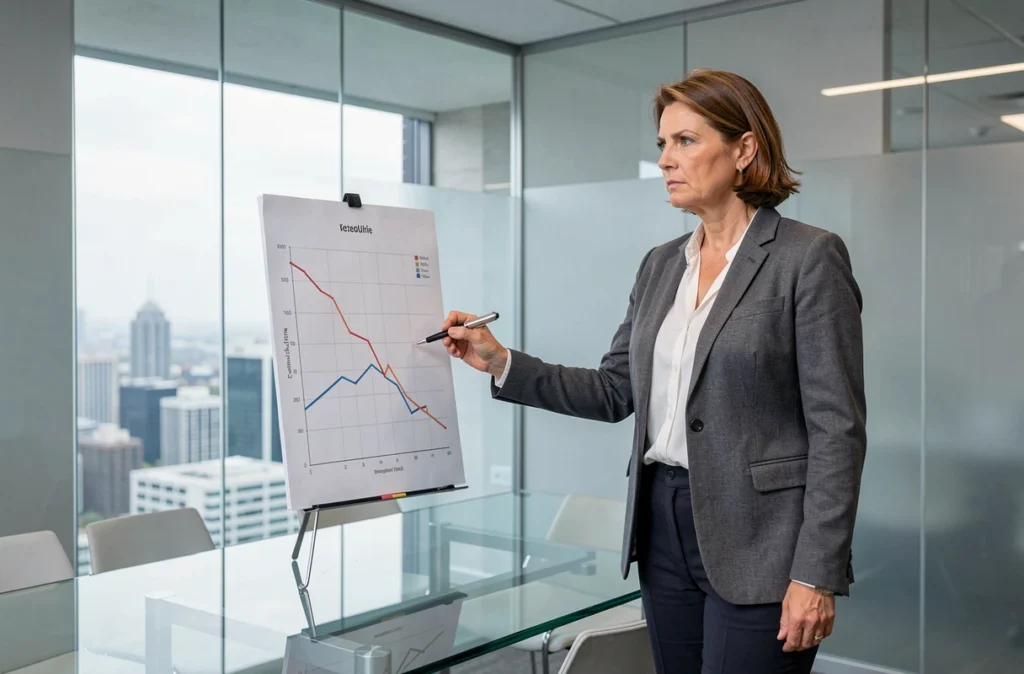 Conseillère financière présentant les inconvénients d'un investissement SCPI intégré dans une assurance vie