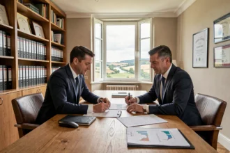Deux conseillers en gestion de patrimoine en Maine-et-Loire examinant des documents financiers dans un bureau professionnel élégant