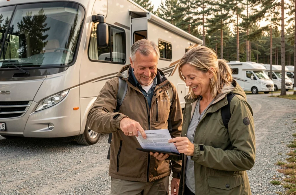 Couple de quinquagénaires consultant un document d'assurance camping-car sur tablette à côté de leur véhicule