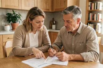 Couple examinant les documents d'assurance emprunteur pour leur prêt immobilier à la maison