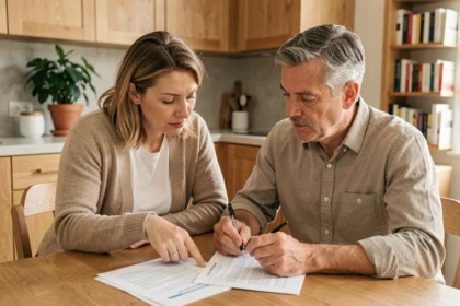 Couple examinant les documents d'assurance emprunteur pour leur prêt immobilier à la maison