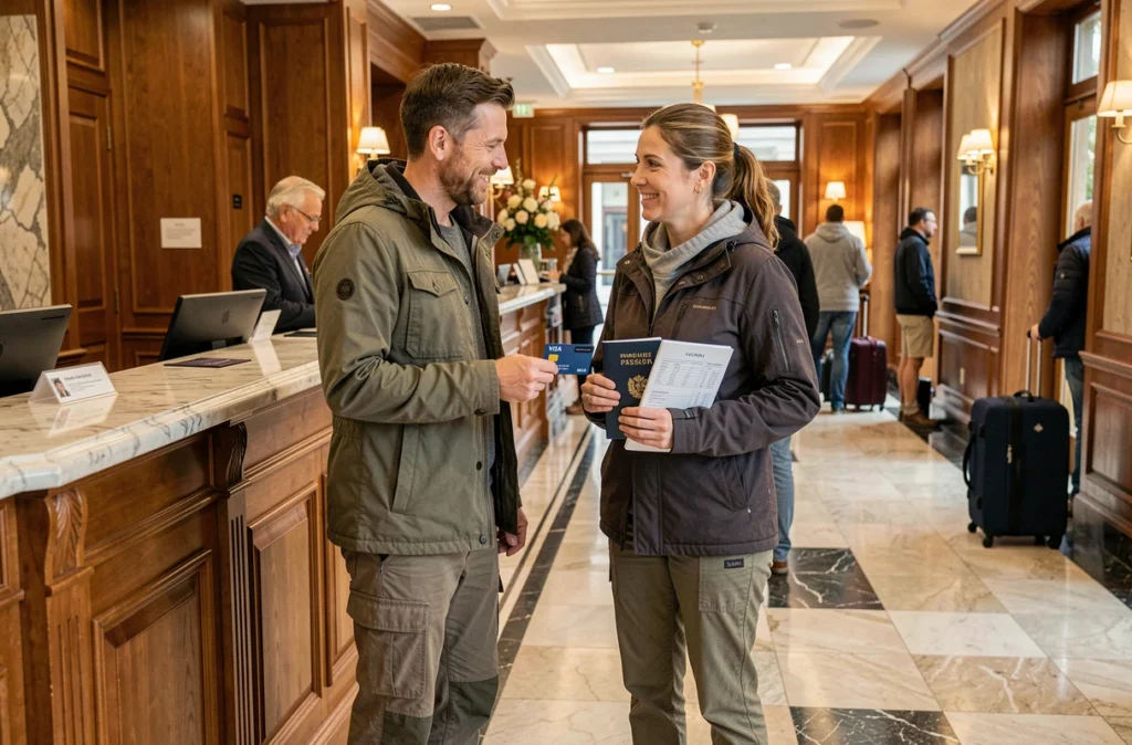 Couple à la réception d'un hôtel présentant une carte Visa Premier lors d'un voyage couvert par l'assurance Covid