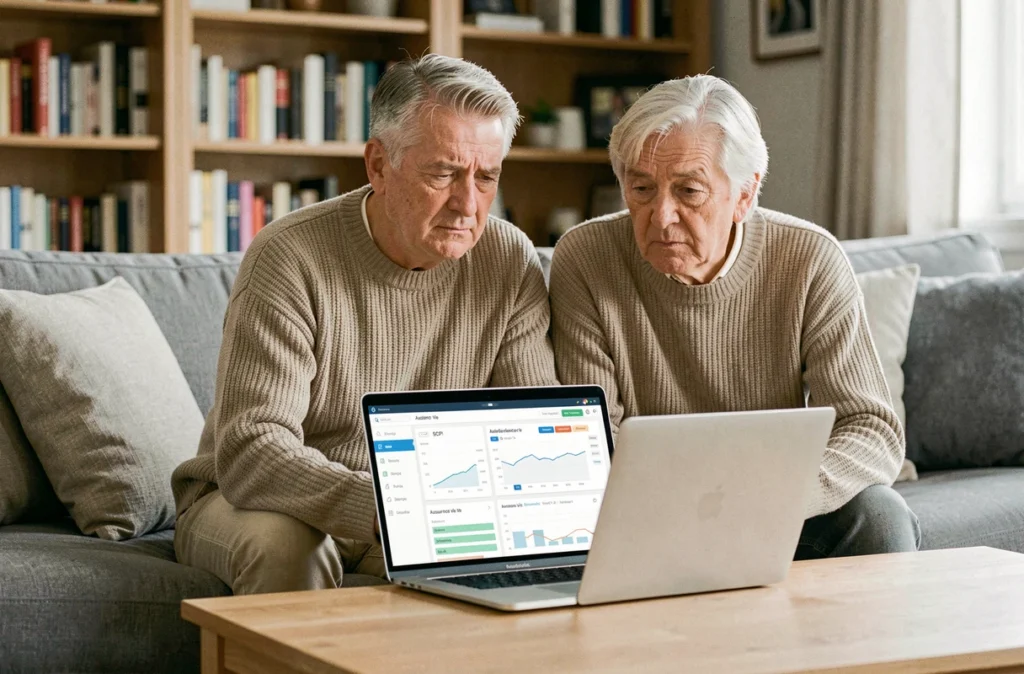Couple de seniors inquiets face aux risques et inconvénients des SCPI dans leur contrat d'assurance vie