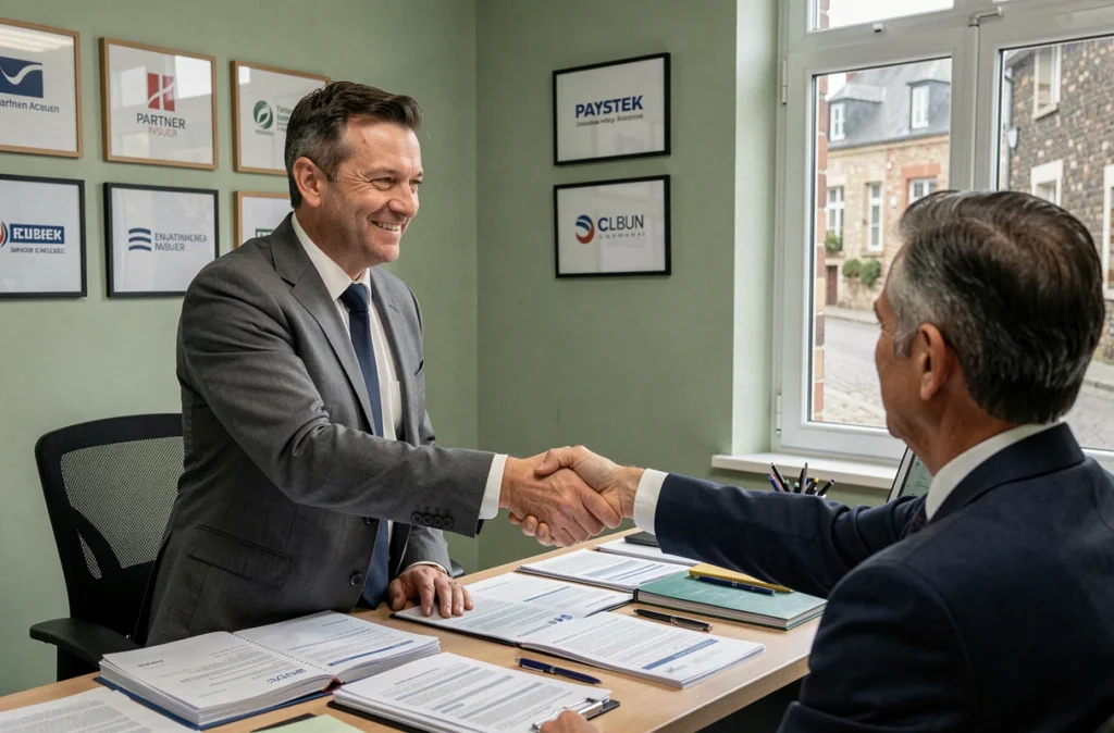 Courtier mandataire en assurance à Elbeuf serrant la main d'un client dans son bureau de courtage