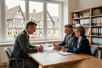 Courtier en assurance en Normandie conseillant des clients dans un bureau professionnel avec vue sur une ville normande
