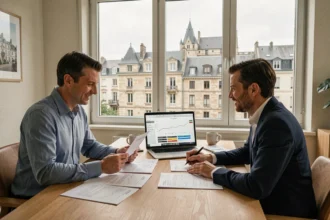 Courtier en crédit immobilier conseillant un couple dans un bureau moderne à Besançon, avec documents de prêt et comparatifs sur écran