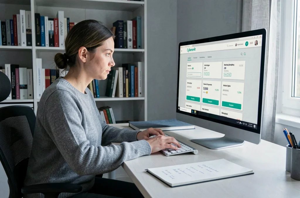 Femme comparant des offres de prêt immobilier sur la plateforme Cyberprêt depuis son espace de travail à domicile